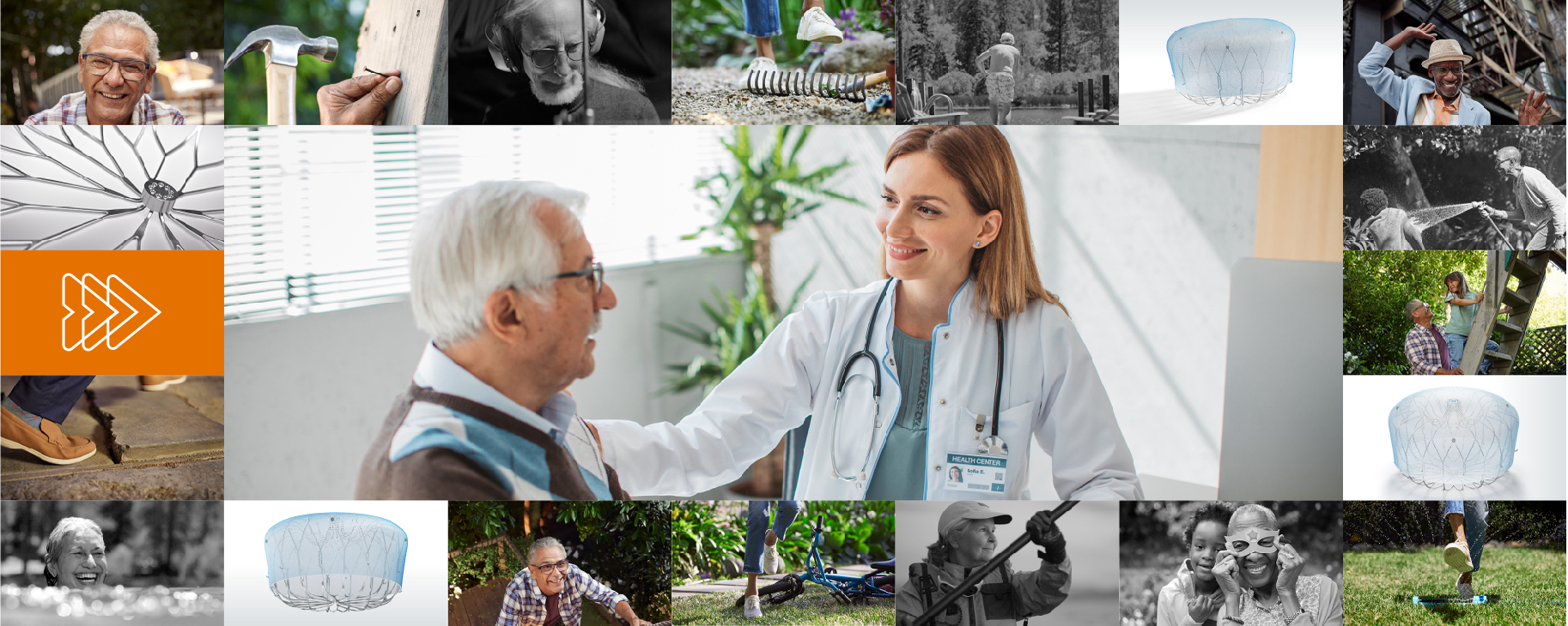 Images of WATCHMAN device and patients surrounding a larger image of physician with patient.