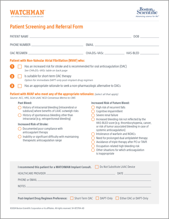 WATCHMAN Patient screening form screenshot