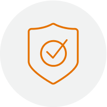 A gray circle with an orange shield icon that has a checkmark in the middle.